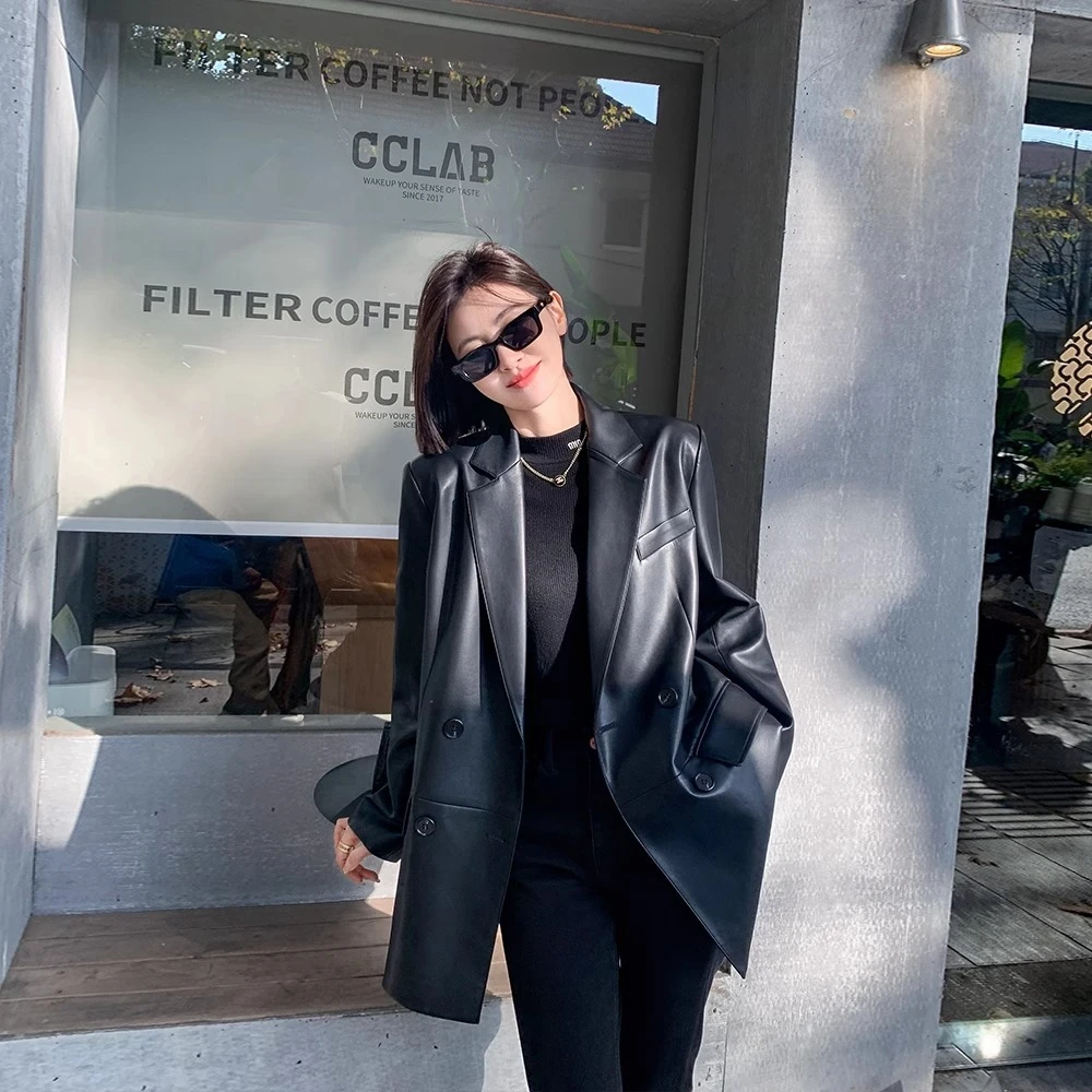 黑色西装皮衣外套女2025年春秋季新款韩版宽松休闲高级设计感西服