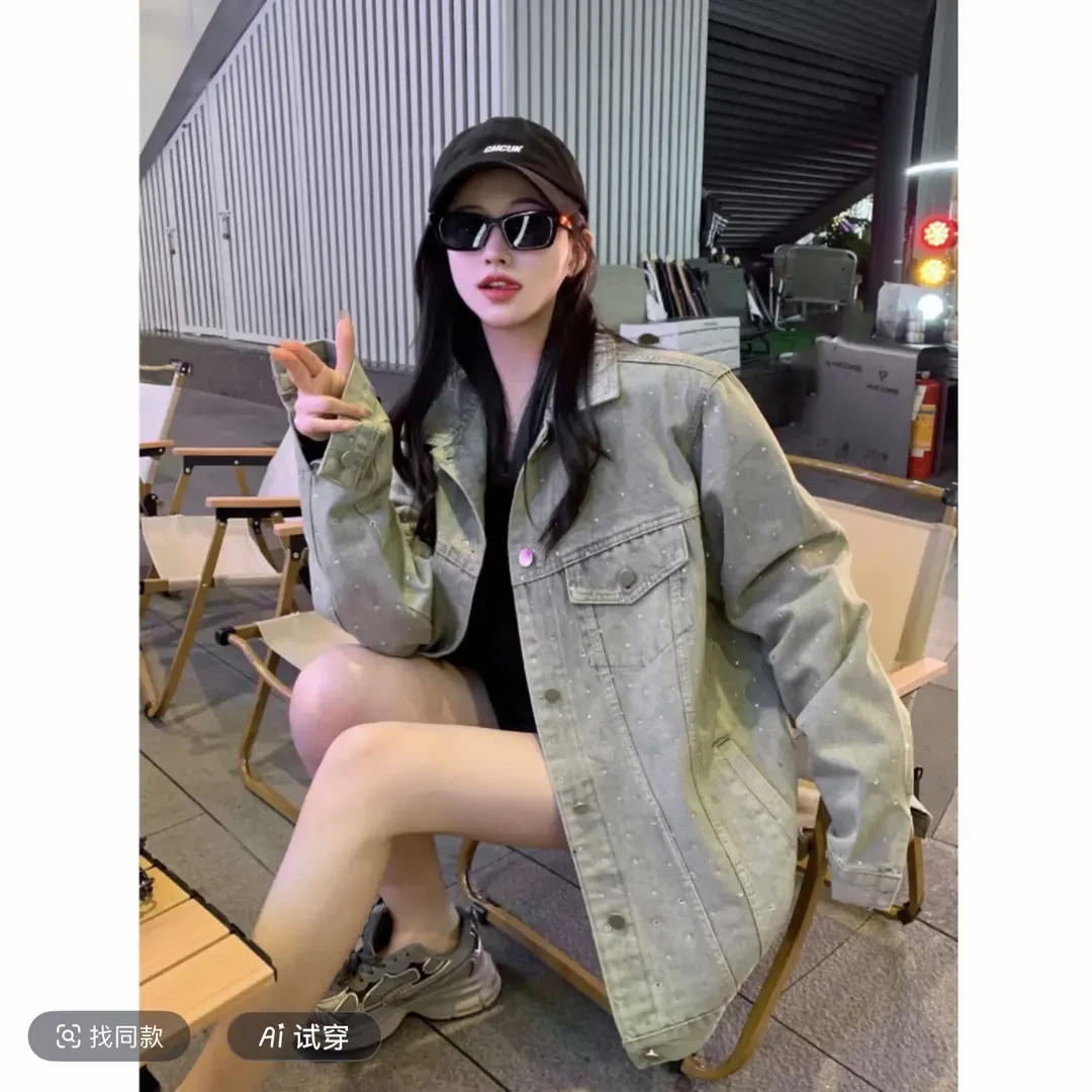 高个子175加长宽松显瘦牛仔外套女2025秋季设计感重工烫钻夹克潮