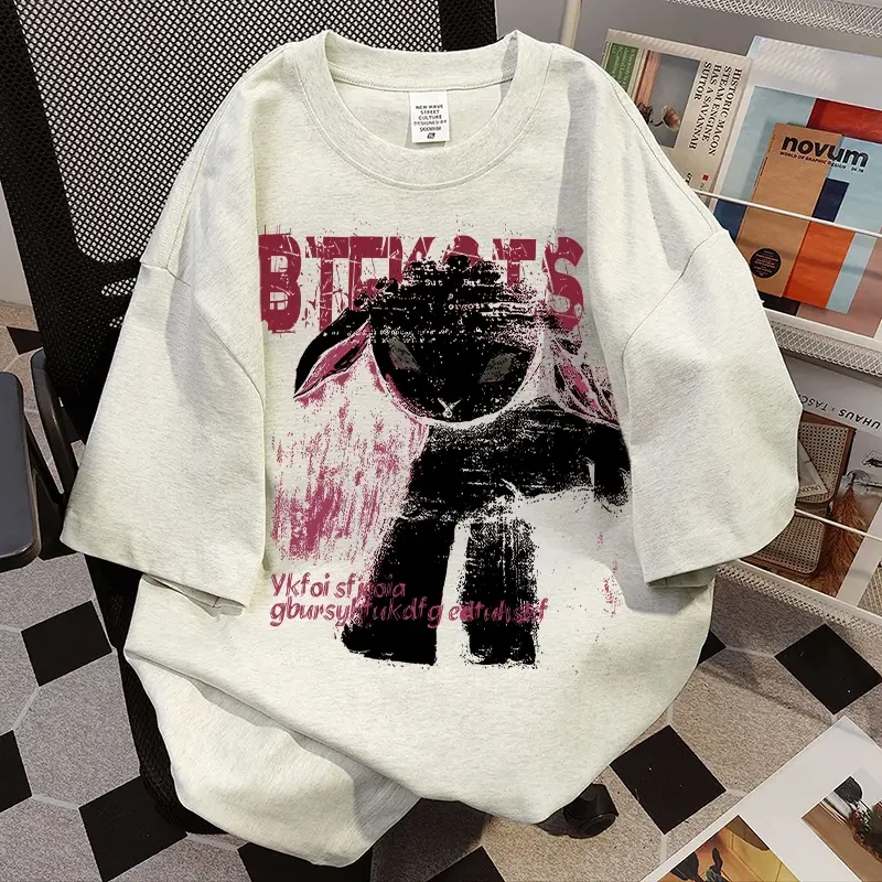 美式复古休闲圆领短袖男T恤夏季潮流小众设计感印花纯棉宽松半袖