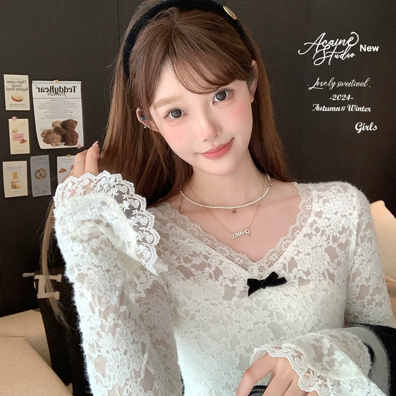 Acaine法甜香颂 法式蕾丝羽毛纱V领打底