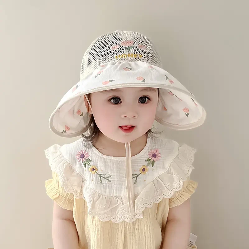 儿童帽子春夏薄款透气网眼大帽檐遮阳防晒帽女宝宝花朵渔夫帽D224