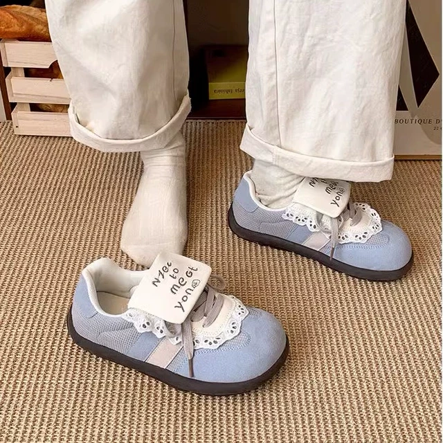 复古圆头厚底德训鞋女2025新款夏季网面透气轻便休闲运动阿甘板鞋