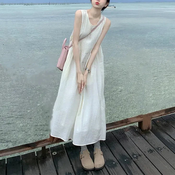 梨型身材日系压褶气质连衣裙女夏季设计感宽松显瘦无袖背心长裙子