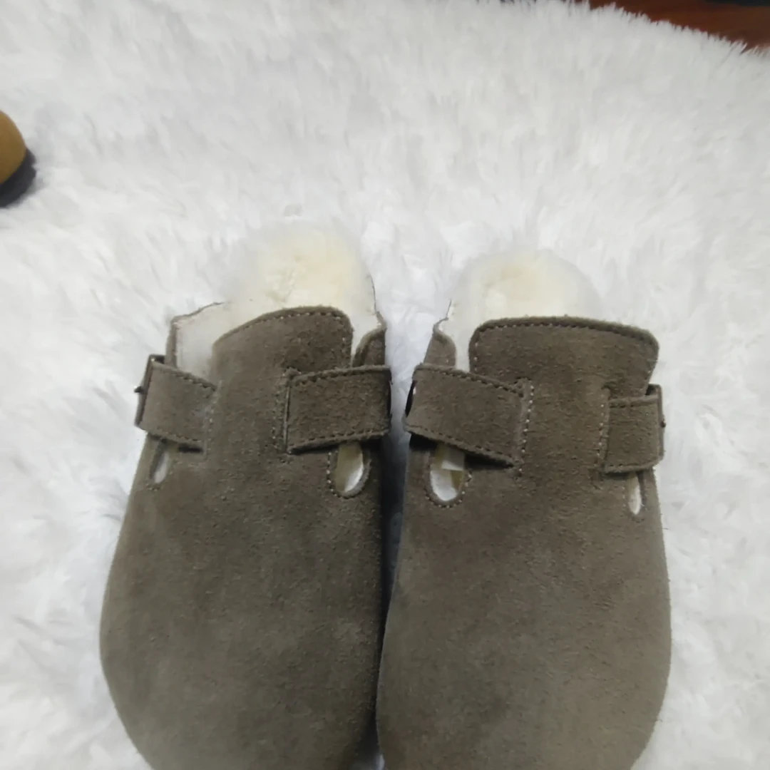 复古风一脚蹬加绒保暖牛皮勃肯鞋软木软底防滑包头半拖男女