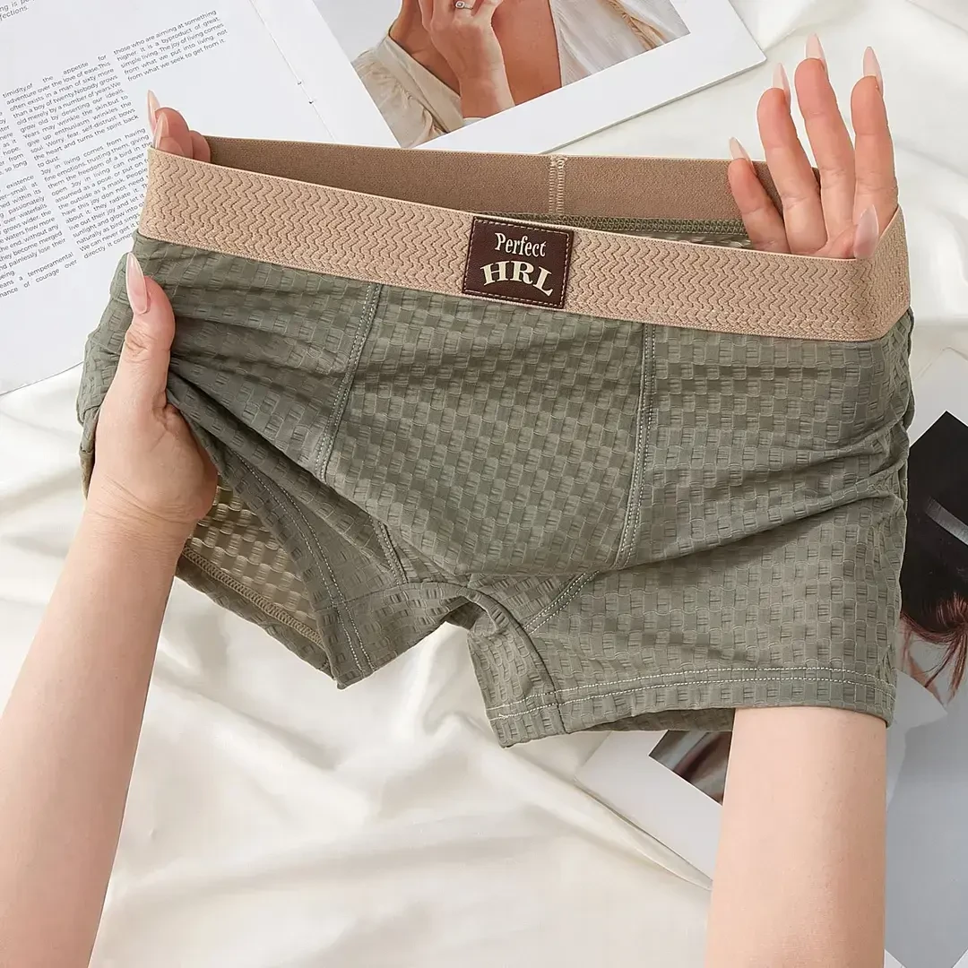 薄款男士内裤格纹冰丝透气男生平角裤青年个性凉感中腰四角短裤衩