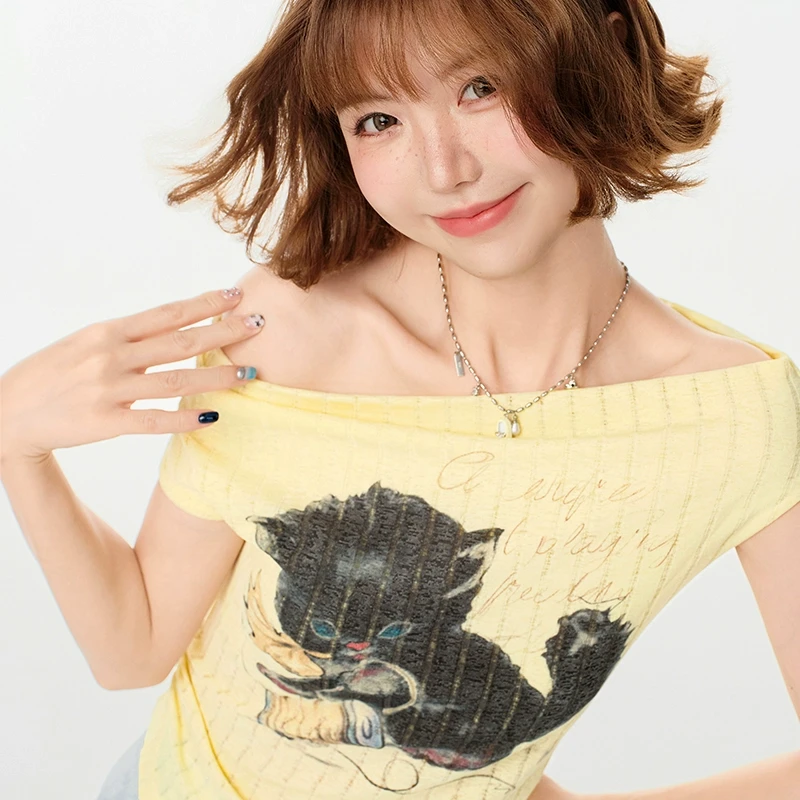 【Girlyhalo】一字肩黄色上衣