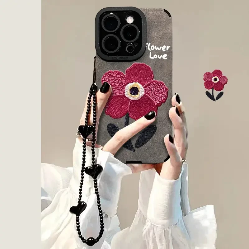 适用苹果16pro华为vivo小米oppo手机壳瞳眼皮质油画红花女防摔ins