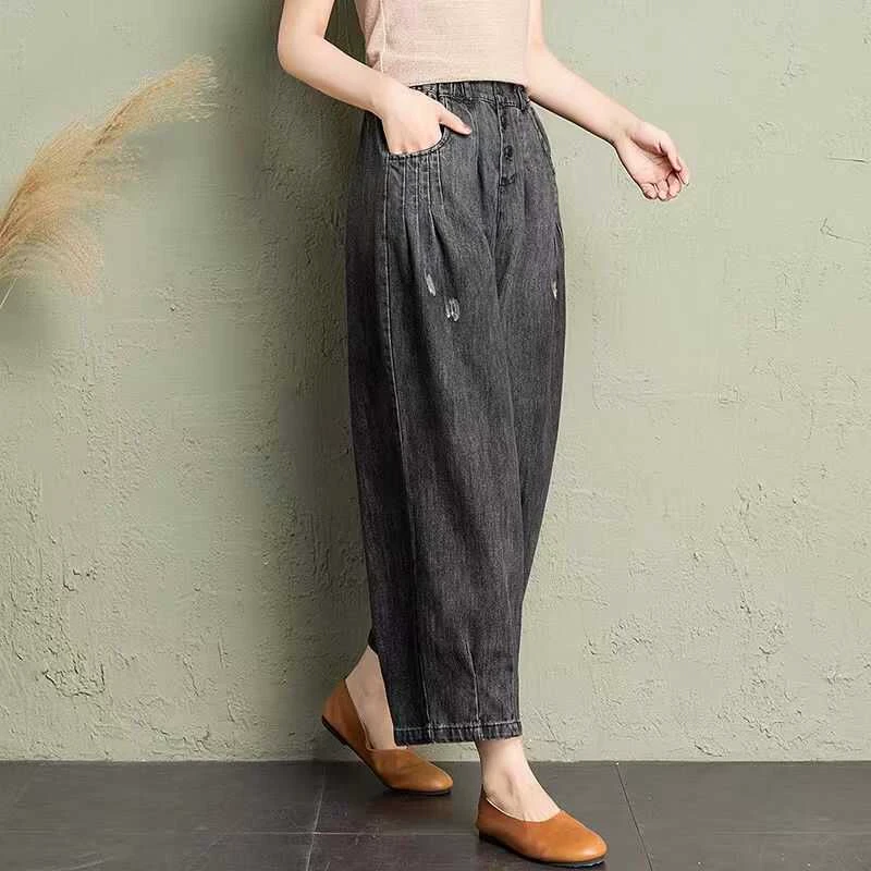 2025夏季新款松紧高腰牛仔裤女宽松阔腿大码夏季薄款九分裤百搭女