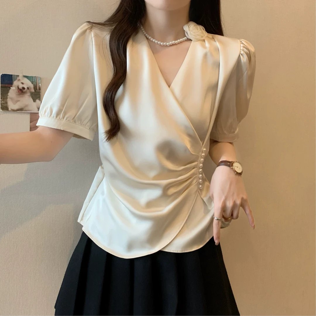高端醋酸缎面短袖衬衫女夏季大码胖mm遮肚收腰法式V领不规则上衣