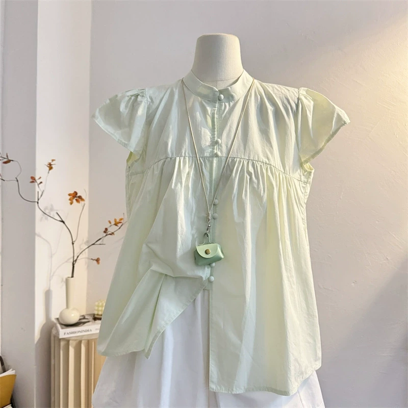浅绿色立领短袖衬衫女2025夏新款韩版宽松减龄娃娃衫法式小衫上衣