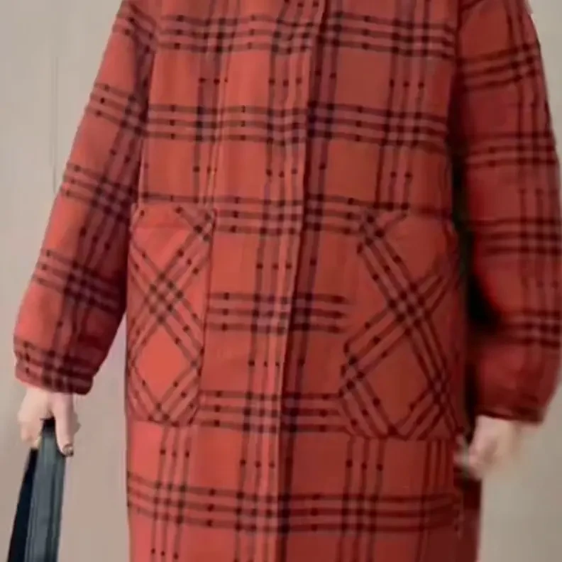 冬季复古棉麻格子中长款宽松连帽加绒加厚保暖女棉袄