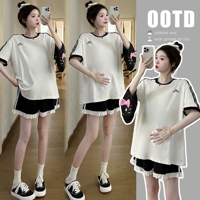 孕妇装夏季套装2025新款韩版网红休闲短袖T恤蕾丝边短裤女两件套