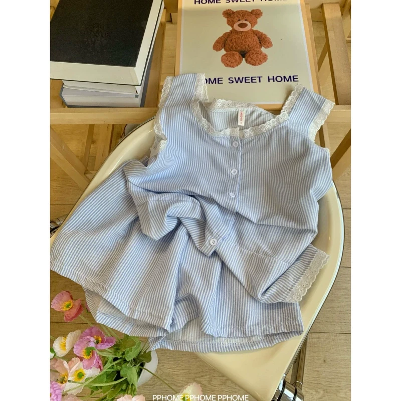PPHOME自制~初恋协奏曲 甜美蕾丝花边背心睡衣套装条纹短裤家居服