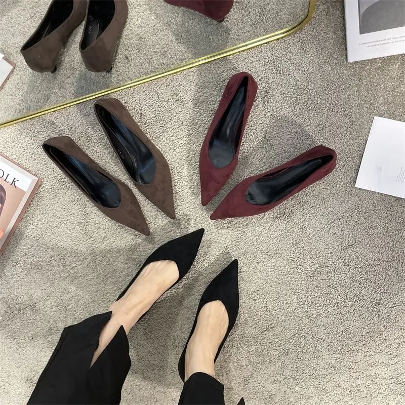 绒面尖头细跟浅口高跟鞋黑色鞋子新款2025女鞋工作鞋单鞋