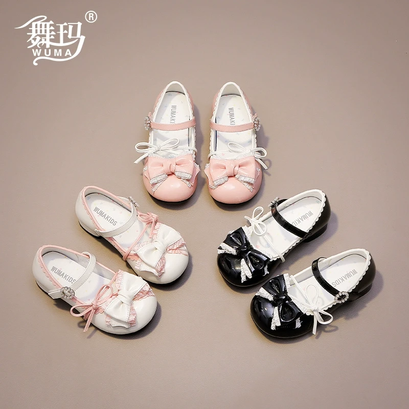 舞玛儿童公主皮鞋2025春夏季新款女孩防滑黑色蝴蝶结单鞋517023