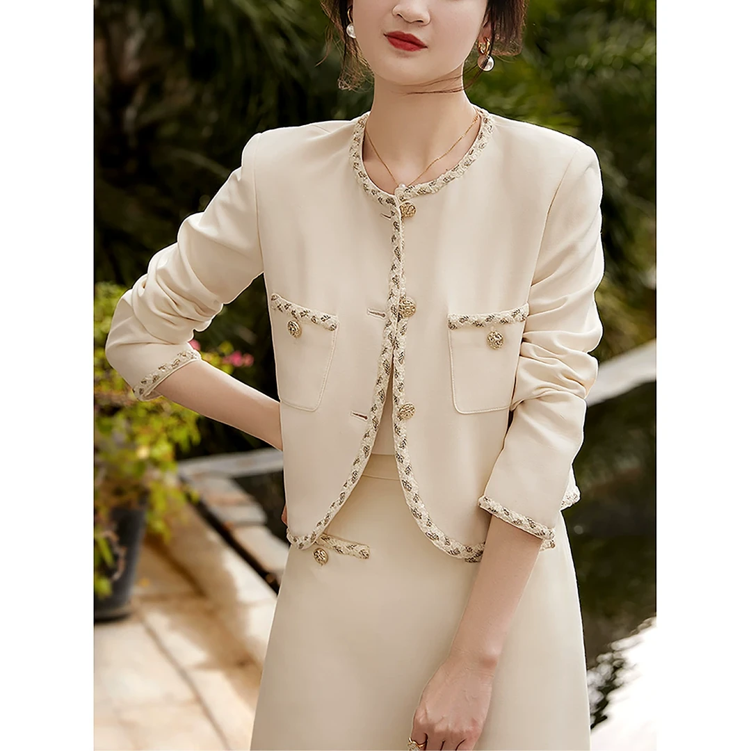 笑涵阁 优雅小香亮丝织带金扣外套/半身裙套装QZE565469AG