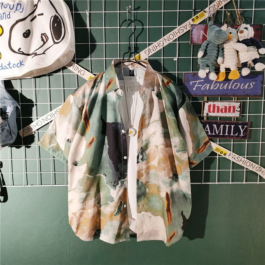 夏季潮牌冰丝花衬衫男短袖港风复古海边度假男装三件套沙滩套装男