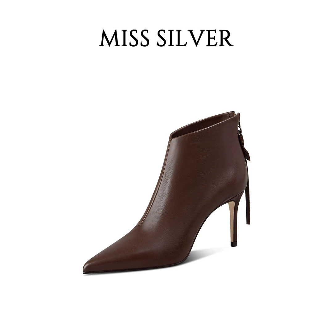 MISSSILVER棕色短靴女2024秋冬季细跟瘦瘦靴真皮尖头高跟时装靴