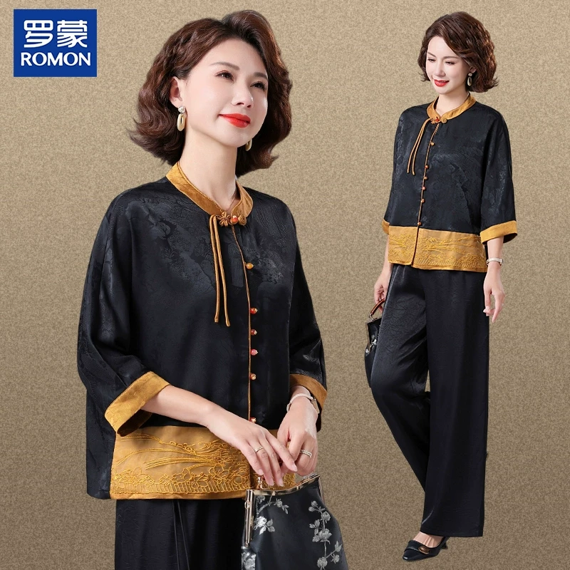 罗蒙品牌妈妈夏装国风盘扣套装2025新款中老年女新中式印花两件套