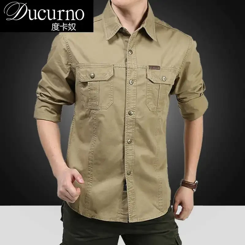 春秋季长袖衬衫男士纯棉户外休闲大码宽松工装商务衬衣男装多口袋