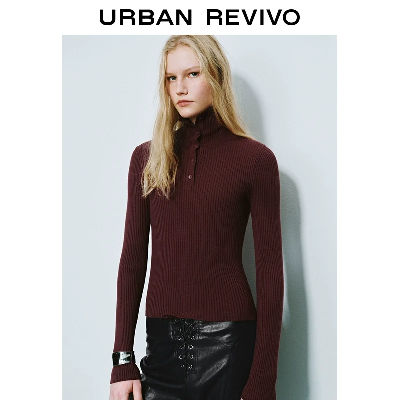 UR2025春季新款女装欧若风复古安可拉红纽扣立领针织衫UWM950023