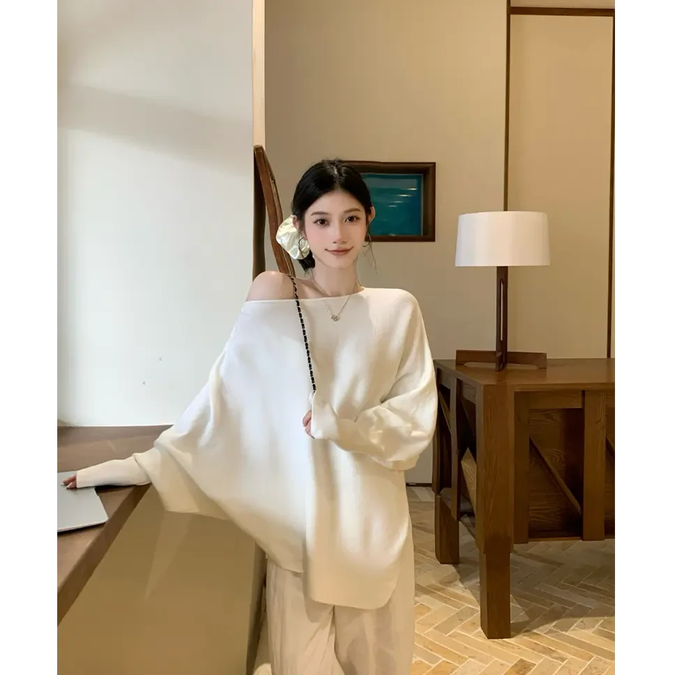 新款宽松蝙蝠袖毛针织女秋冬软糯慵懒感百搭上衣