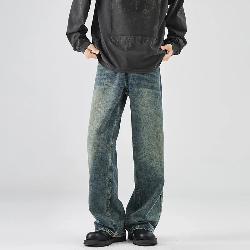 夏季美式复古cleanfit牛仔裤男直筒宽松青少年vibe情侣拖地长裤