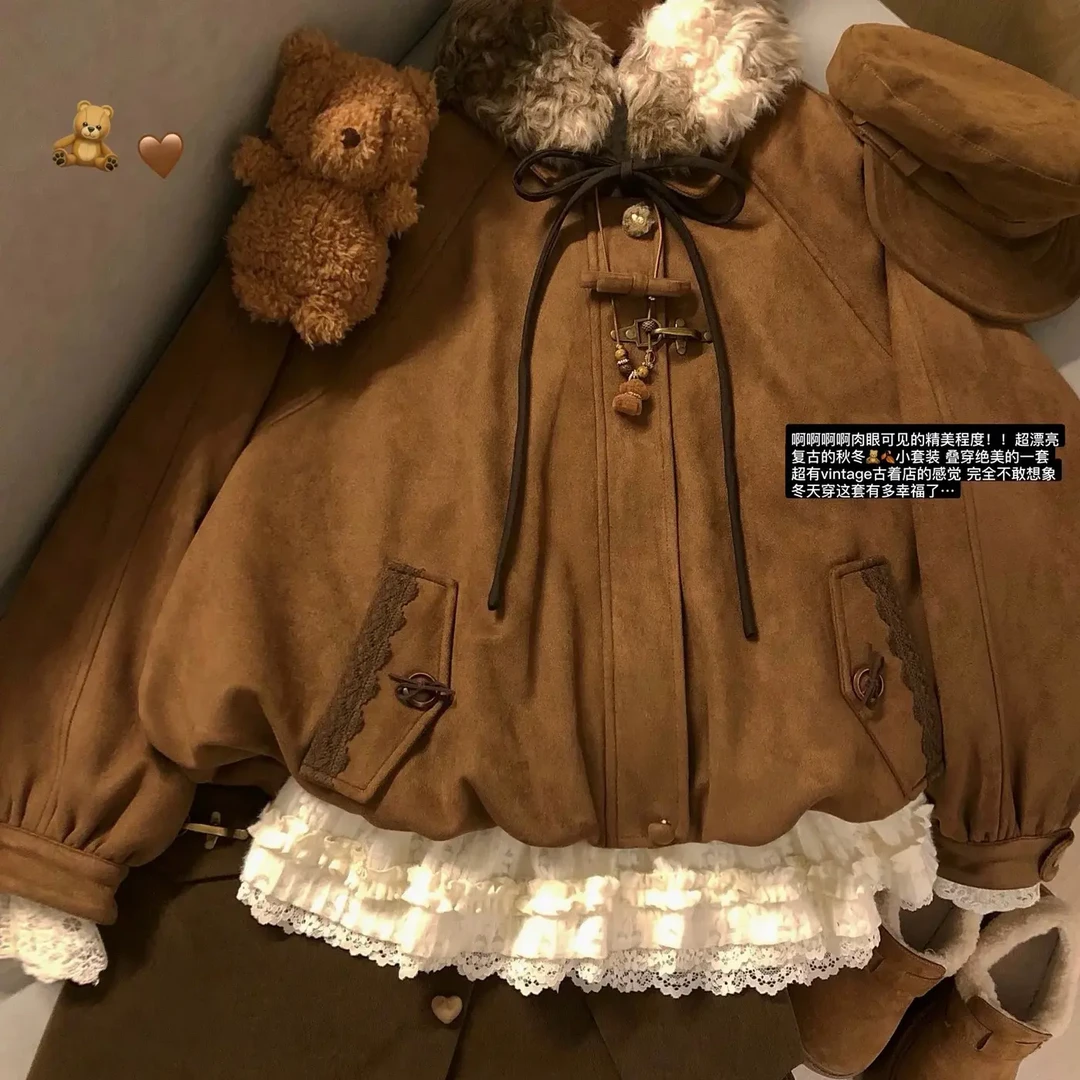 【奶糖】~ “日杂感叠穿”毛毛领vintage感花夹棉苞棕色高腰短裙套装