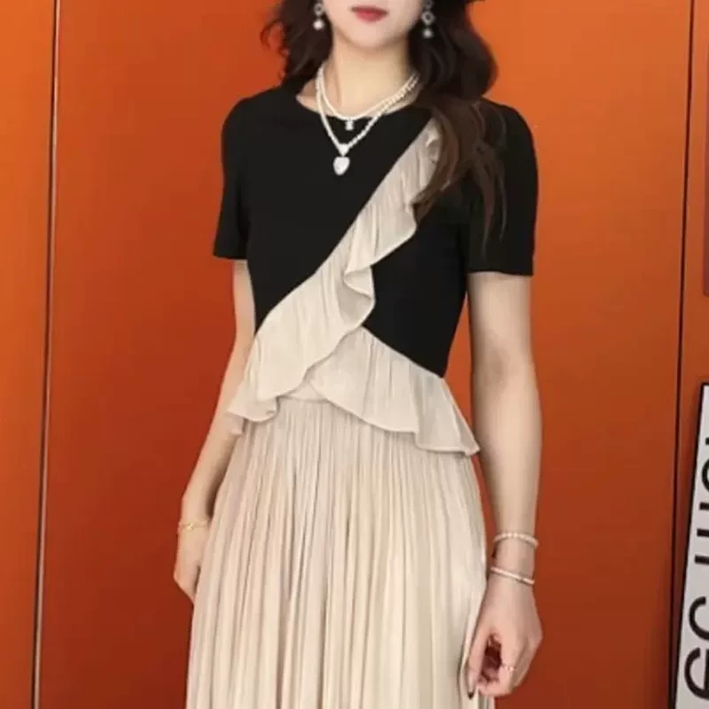 花边拼接短袖t恤女夏季2025爆款大码胖mm显瘦遮肚独特超好看上衣