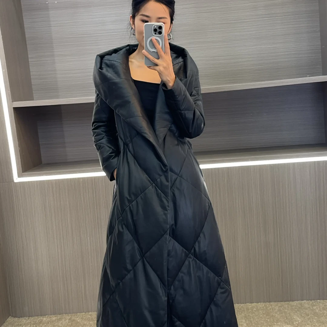 头层真皮鹅绒服法式欧美风千金风修身型中长款披肩连帽长款皮衣