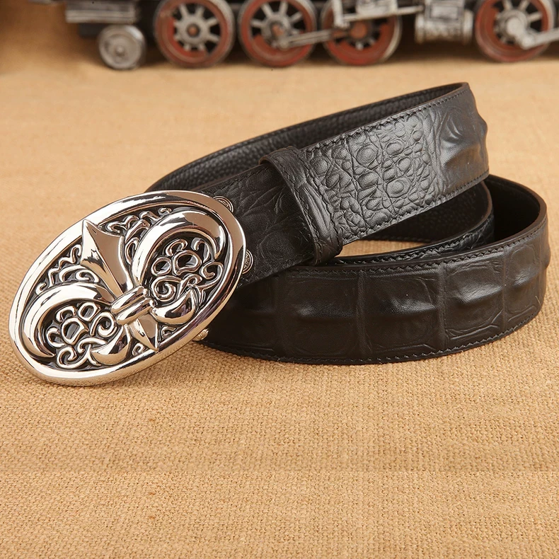 个性十字花皮带男发型师经典明星款皮带男裤带头层压花牛皮腰带潮