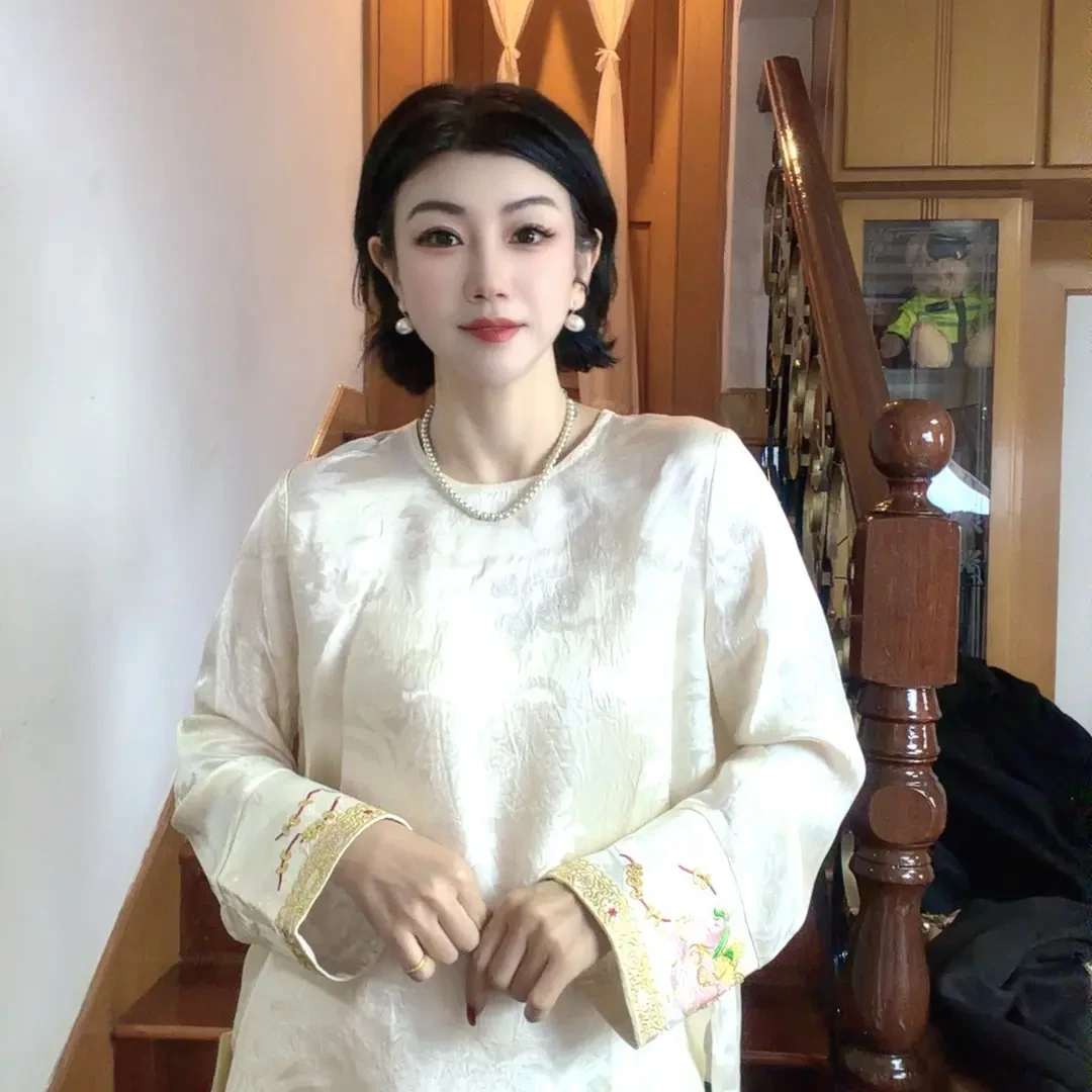 新中式国风刺绣提花长袖春秋女士上衣