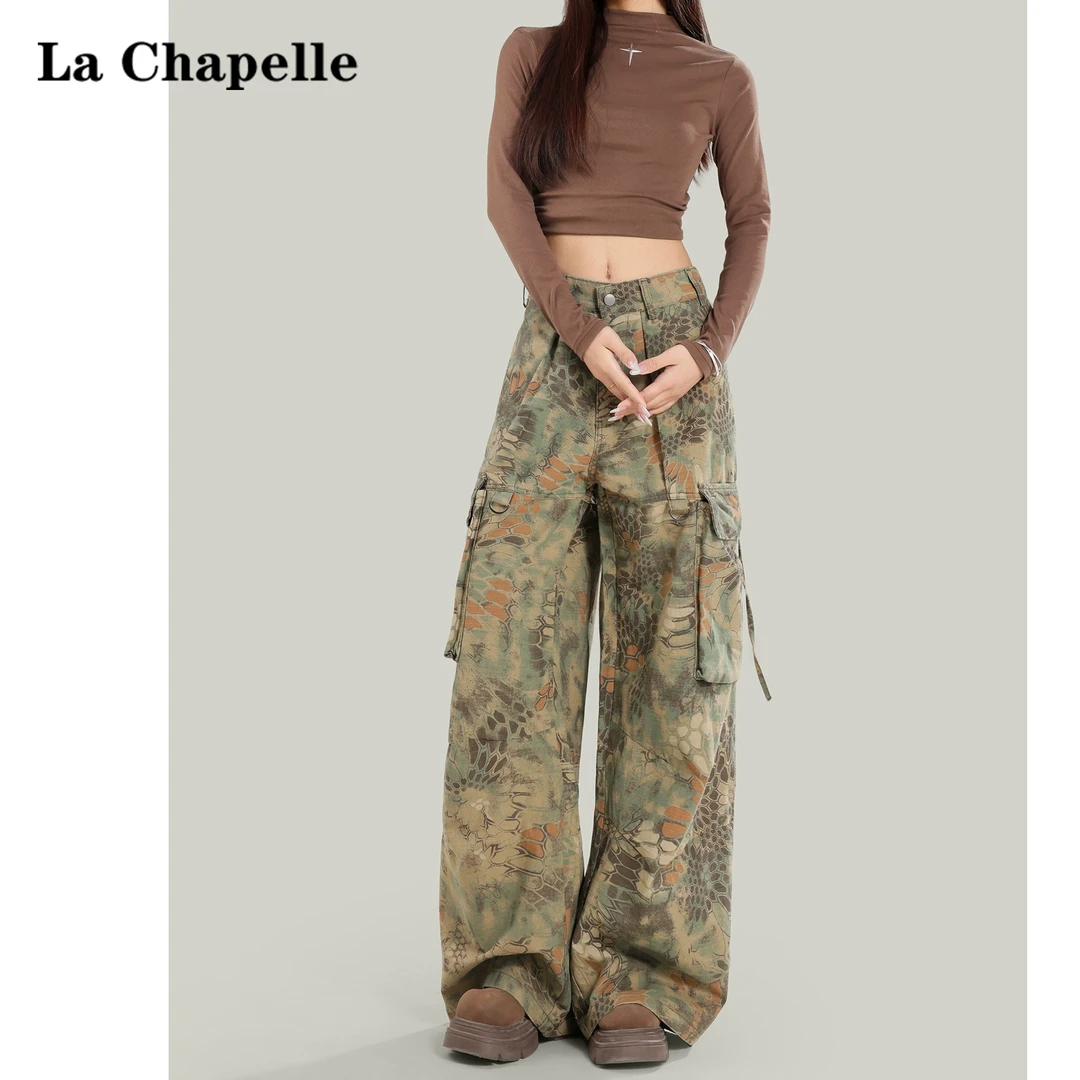 拉夏贝尔高街美式复古迷彩工装牛仔裤女2025春秋设计感高腰阔腿裤