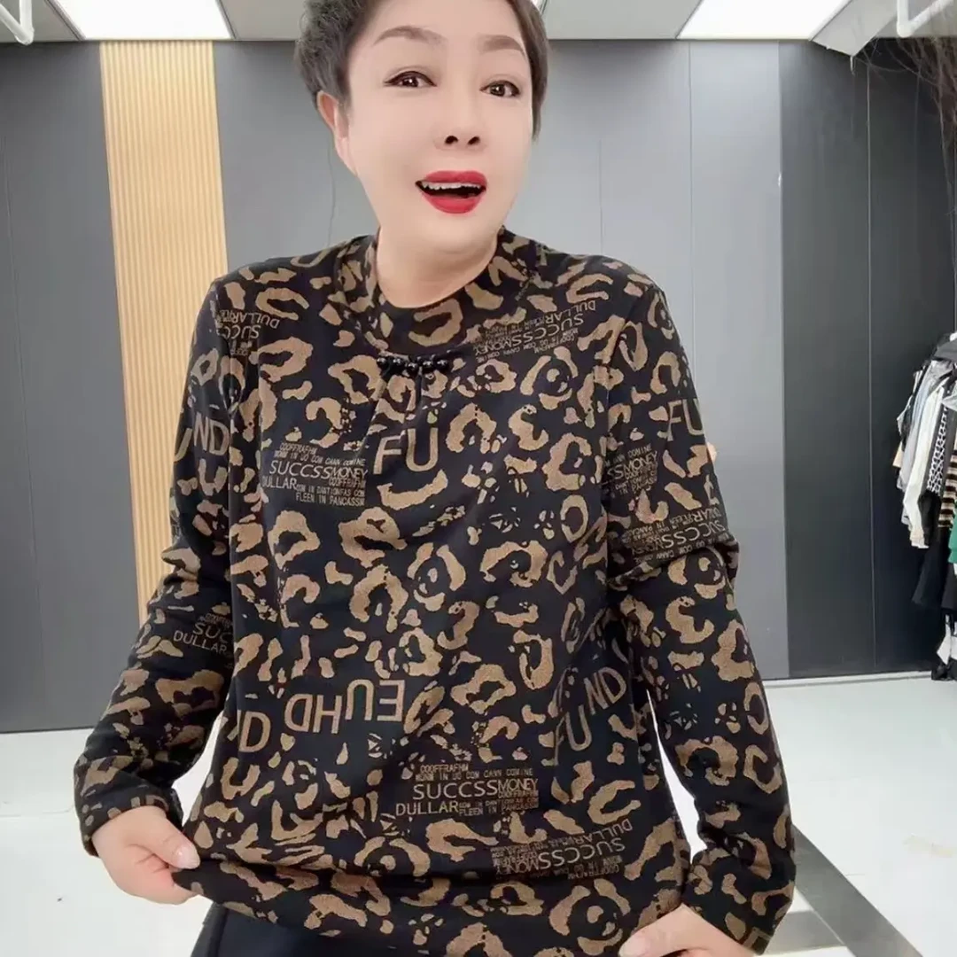 旭2512休闲百搭宽松套头寸领字母豹纹加绒衫GL