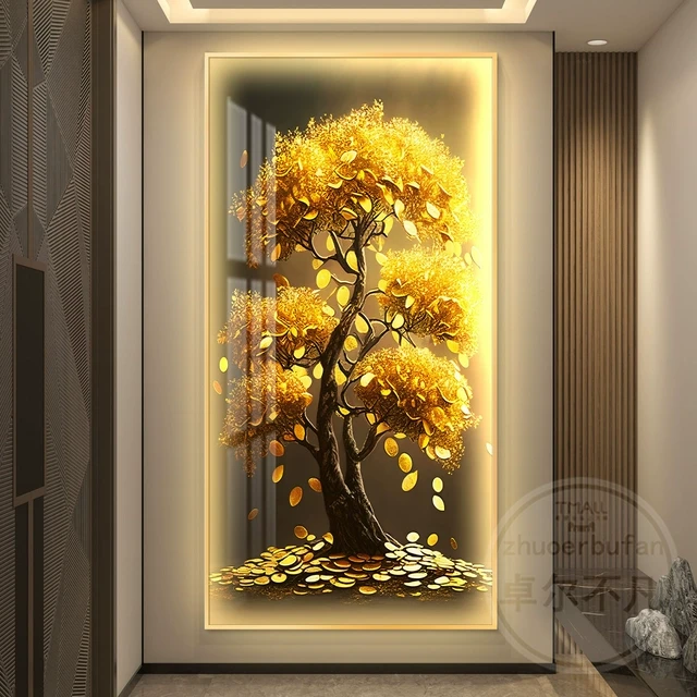 led带灯发财树轻奢入户玄关装饰画简约现代挂画壁画过道高级感