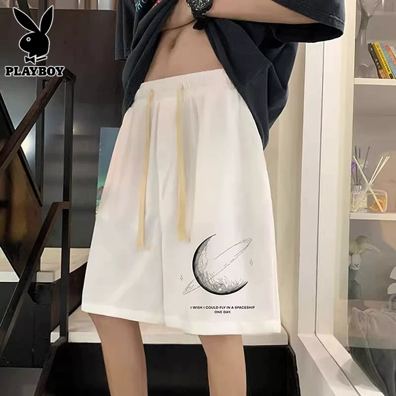 花花公子白色短裤男士夏季薄款宽松篮球中裤潮牌运动休闲五分裤子