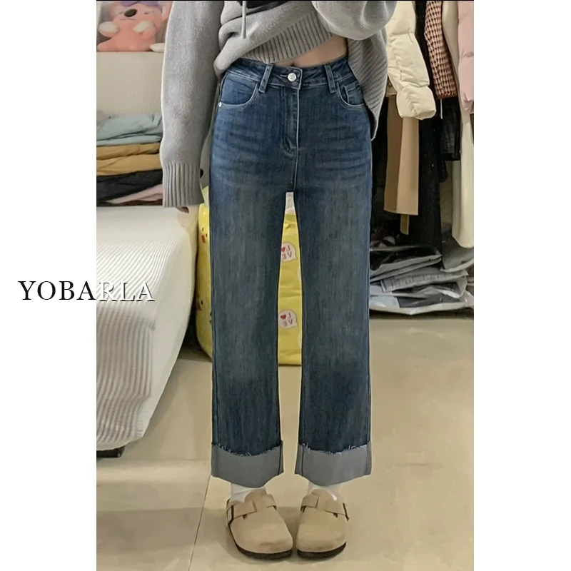 卷边直筒牛仔裤女秋冬新款大码胖mm高腰弹力显瘦小个子九分烟管裤