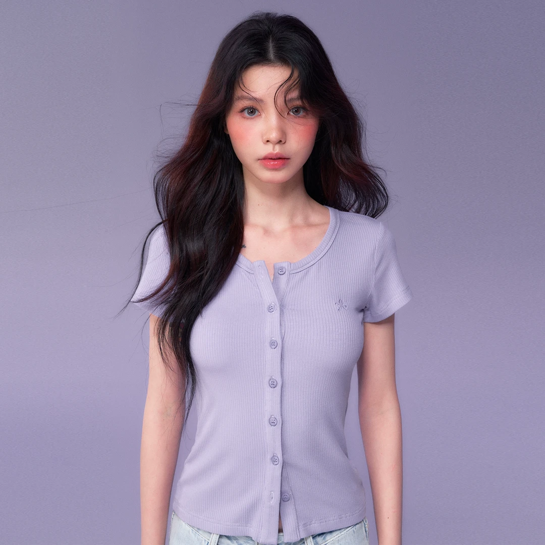 NECY 三色基础针织开衫短袖 夏季园领法式单排扣内搭正肩短款衬衫