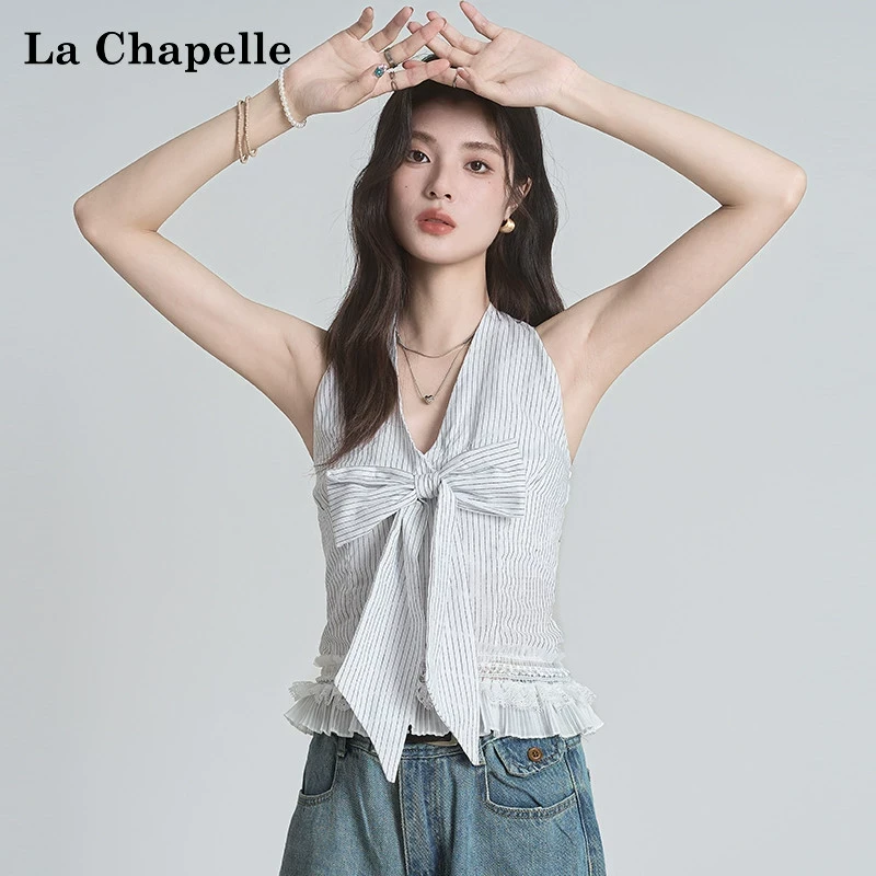 拉夏贝尔蝴蝶结条纹挂脖背心吊带女2025新款蕾丝下摆无袖短上衣夏