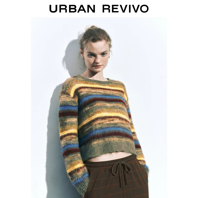UR2025秋季新款女装复古休闲撞色条纹圆领针织衫UYL950024