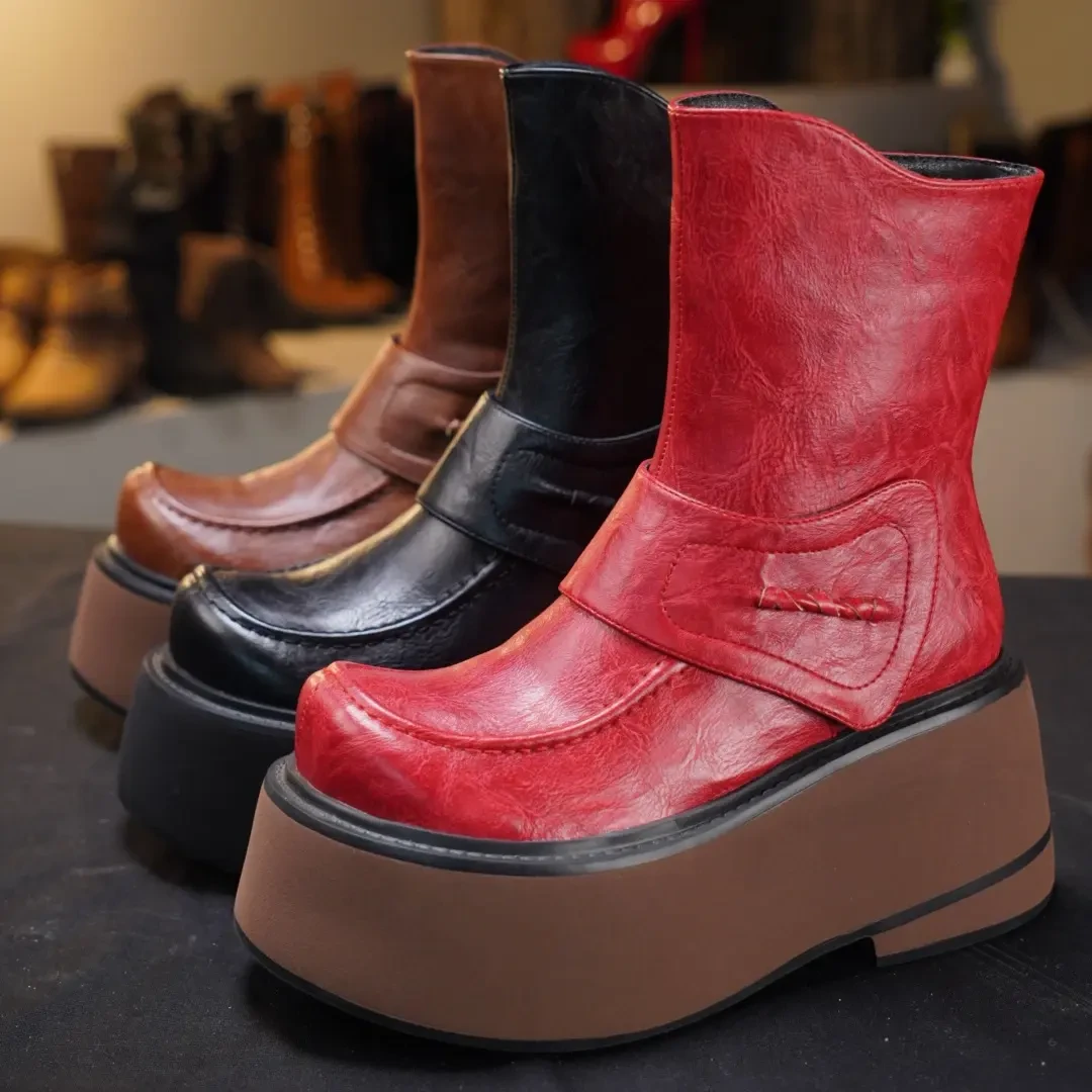 秋冬新款粗跟厚底复古真皮百搭女短靴显瘦显脚小