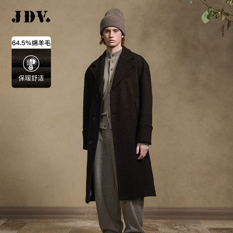 JDV2024商场同款秋冬新款棕色翻领宽松绵羊毛呢大衣外套WCO4523