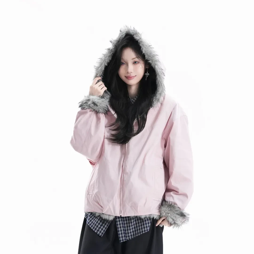 夹棉毛领座山雕连帽棉服外套男女2025新款秋冬季情侣宽松保暖棉衣