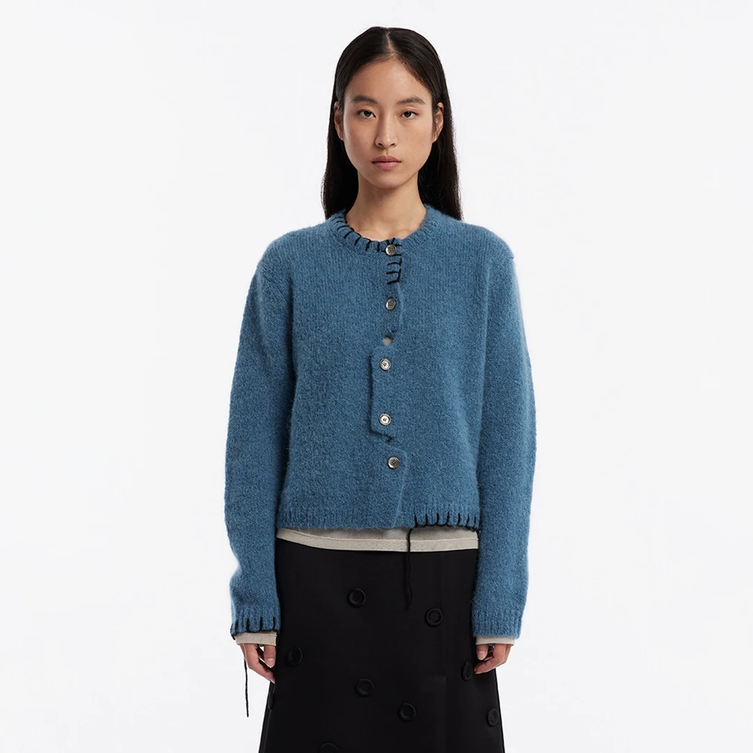 sagestudio 不规则门襟灰蓝色羊驼毛织开衫