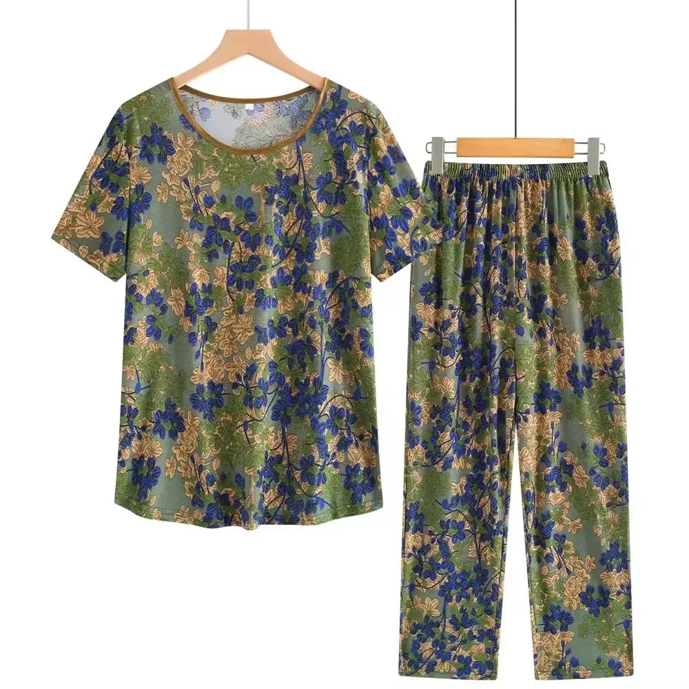 夏季短袖圆领上衣中老年大码套装两件套时尚休闲薄款宽松妈妈装