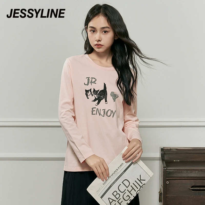 杰茜莱粉红色字母猫咪百搭长袖T恤女2024秋新款上衣潮 jessyline