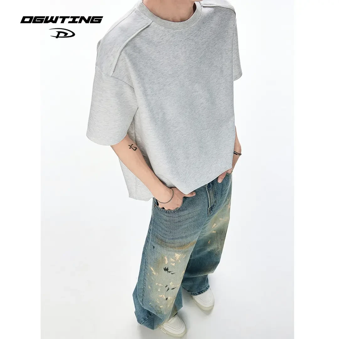 美式太空棉重磅Boxy版型短袖男夏季解构拉链设计感T恤半袖时尚