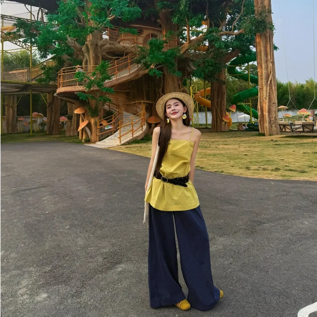 老钱风女装收腰显瘦吊带背心上衣藏蓝色条纹休闲裤阔腿拖地裤