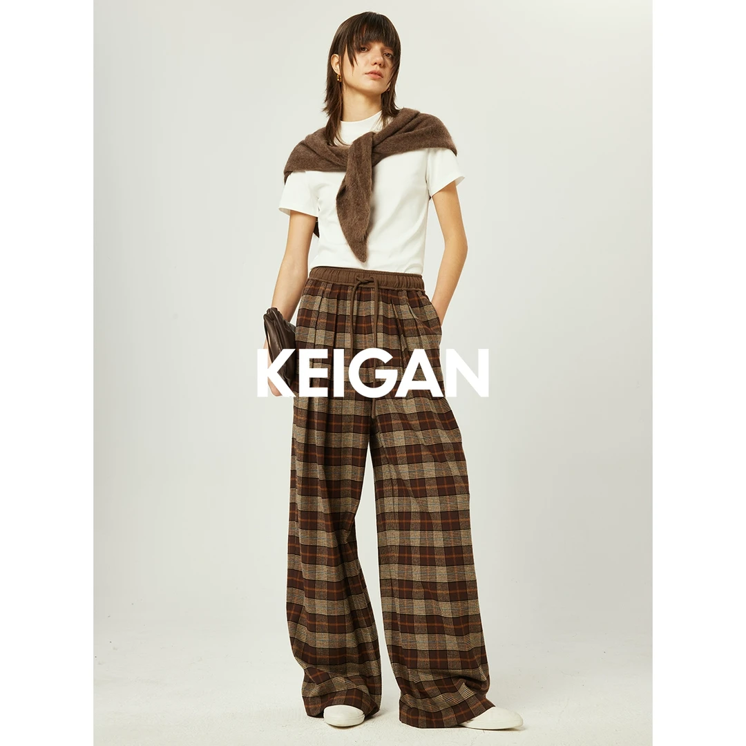 开间黑标/日本进口有机棉 时髦格纹双压褶针织拼接抽绳腰磨毛长裤