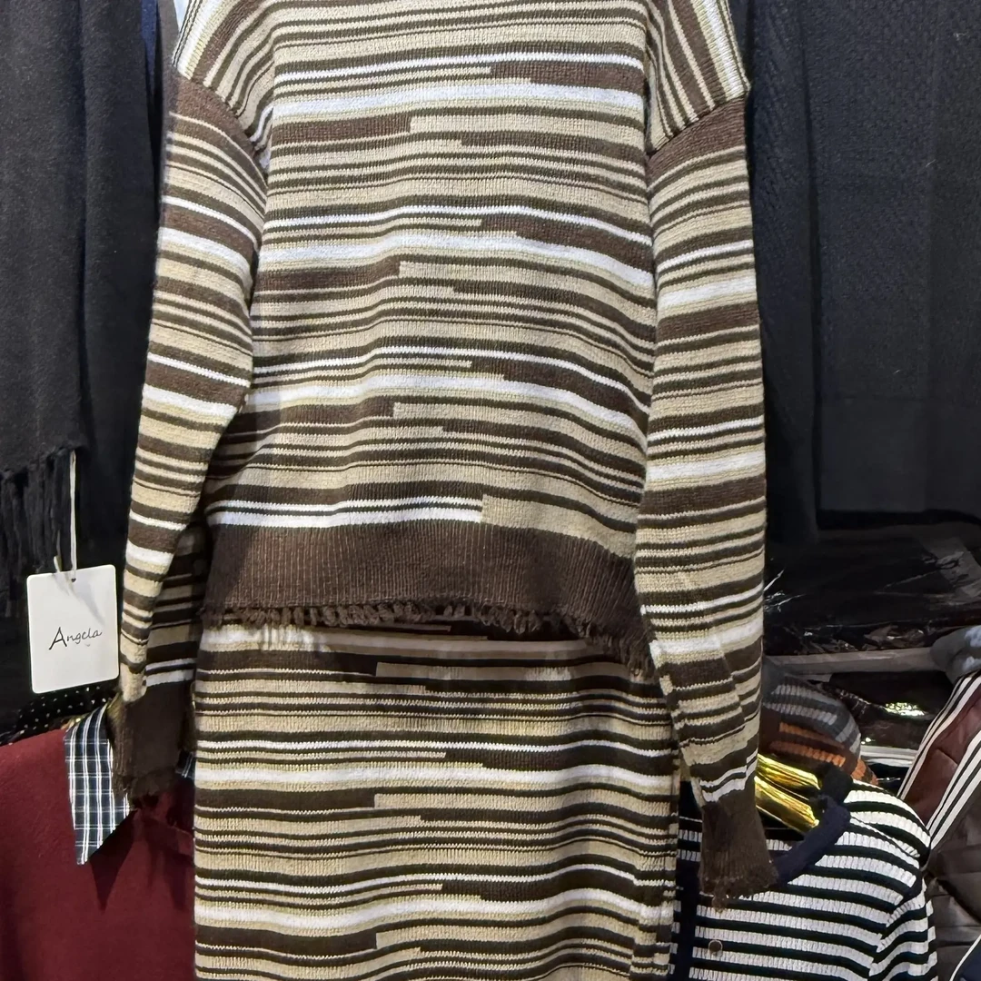 慵懒条纹厚款宽松型针织毛边中长款毛衣长袖休闲风女